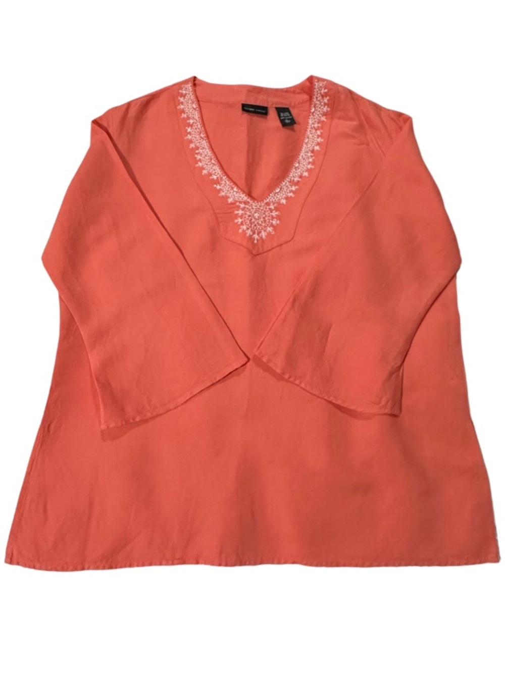New York & Company Coral Linen Blend Beaded Tunic Blouse Size L Boho